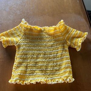 Ribbed Yellow and White Striped Off the Shoulder Crop Top
